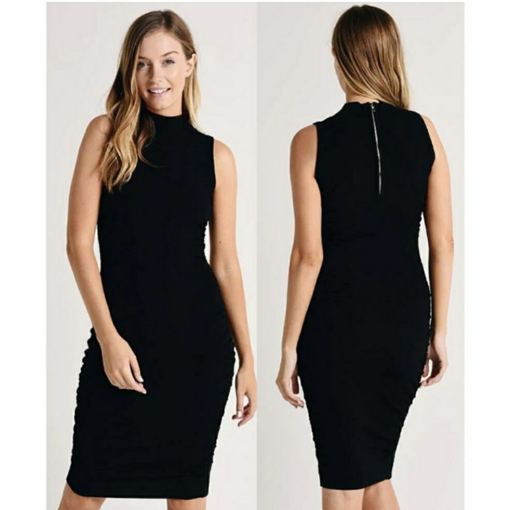 Milly Black Sleeveless Shirred Side Mock Neck Knit Cocktail Dress Size L